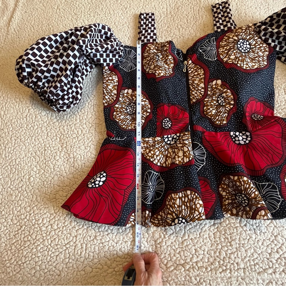 Homemade Custom Off Shoulder Top - Red‎ & Black Cinch Waist Puff Sleeves - Picture 10 of 13